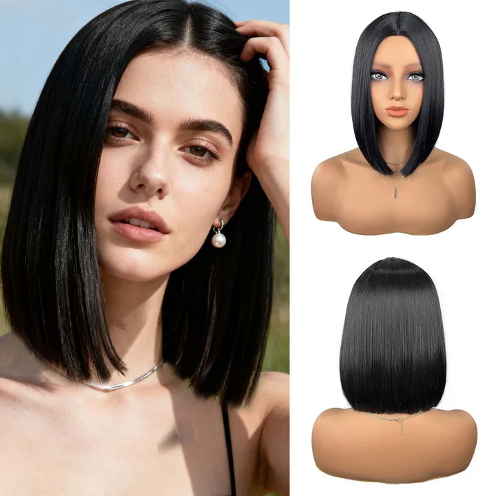 High-Temperature Silk Hair Short Silky Straight Bob Wigs Black