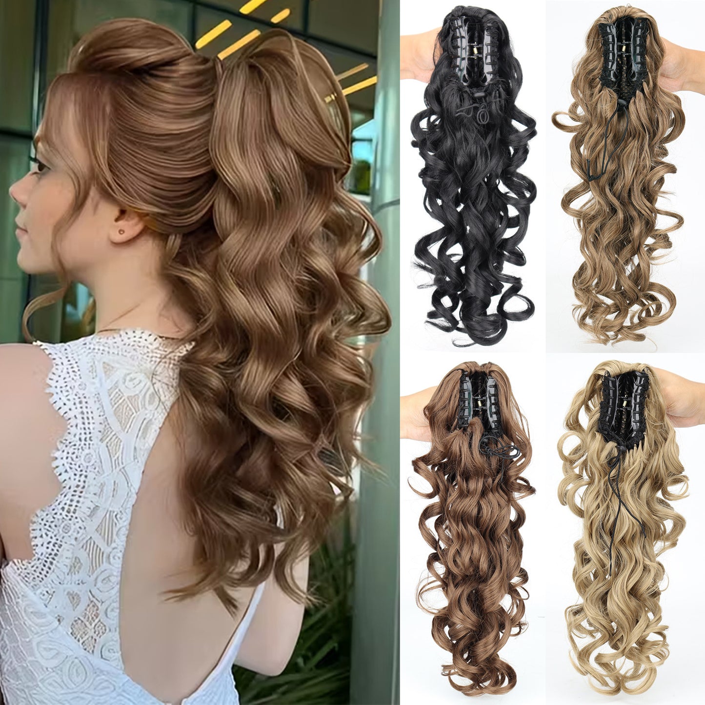 European American Hair Grab Claw Clip Long Curly Ponytail Loose Synthetic Wig