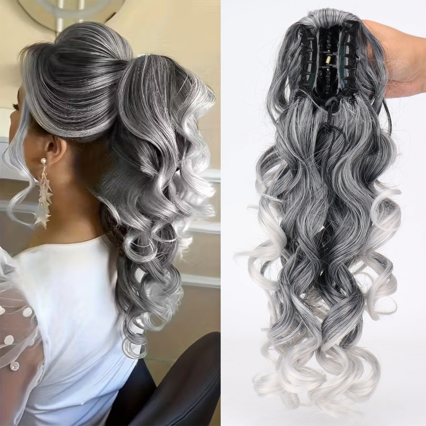 European American Hair Grab Claw Clip Long Curly Ponytail Loose Synthetic Wig